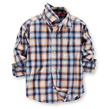 Carter's Boys Blue/Orange Plaid Button Up Long Sleeve Shirt - Toddler