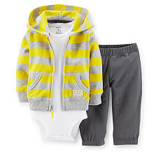 Carter's Boys 3 Piece Yellow Stripe Zip Up Hoodie, Bodysuit and Brown Pant Set