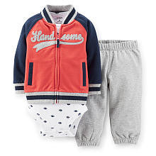 Carter's Boys 3 Piece Red "Handsome" Raglan Varsity Jacket, Printed Bodysuit and Pants Set