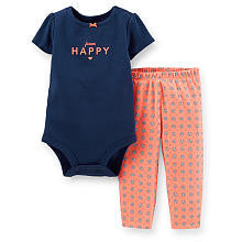 Carter's Girls 2 Piece Navy "Forever Happy" Short Sleeve Bodysuit with Glitter Detail and Coral Printed Pant Set