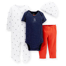 Carter's Girls 4 Piece Set with White Anchor Printed Footie and Hat, Navy Bodysuit and Red Pant