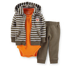 Carter's Boys 3 Piece Brown Striped Zip Up Hoodie, Bodysuit and Pant Set