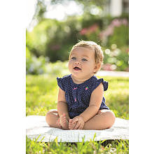 Carter's Girls Navy Polka Dot Romper with Flutter Sleeves and Strawberry Embroidery