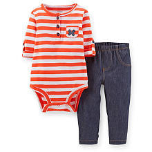 Carter's Girls 2 Piece Red Striped Roll Cuff Henley Bodysuit and Knit Denim Pant Set