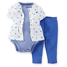 Carter's Girls 3 Piece Blue/White Striped Bodysuit, Polka Dot Short Sleeve Cardigan with Peplum Waist and Pant Set