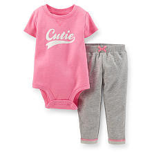 Carter's Girls 2 Piece Pink "Cutie" Short Sleeve Bodysuit and Grey Knit Denim Pant Set