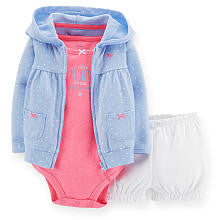 Carter's Girls 3 Piece Blue Polka Dot Hooded Cardigan, White Bloomer and Pink "I Love Hugs From Mommy" Bodysuit Set