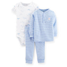 Carter's Boys 3 Piece Set with Blue Striped Long Sleeve Henley, Matching Pant and White Printed Short Sleeve Bodysuit