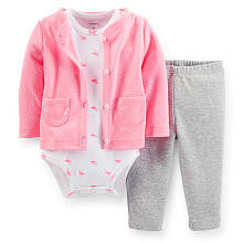 Carter's Girls 3 Piece Set with Pink Polka Dot Cardigan, Grey Pant and Bodysuit in Tulle