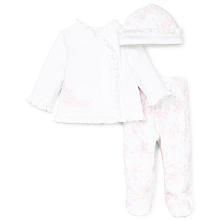 Little Me Girls 3 Piece Pink Floral Layette Set with Long Sleeve Wrap Top with Ruffle Trim, Footed Pants and Hat