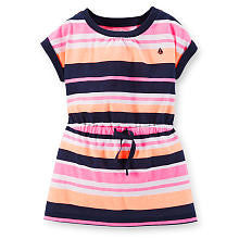 Carter's Girls Pink/Navy Striped Drop Waist Short Sleeve Tunic with Ruched Neckline - Toddler