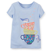 Carter's Girls Light Blue Short Sleeve T Shirt with Decorative Cup Embroidery/ Screen Print - Toddler