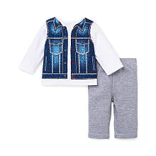 Little Me Boys 2 Piece White Faux Denim Vest Long Sleeve Top and Grey Pants Set