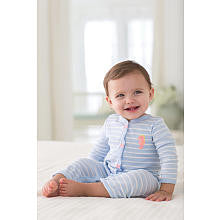 Carter's Girls Light Blue Striped Easy Entry Rib Coverall with Embroidered Seahorse Applique