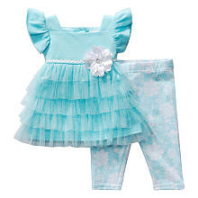 Youngland Girls 2 Piece Light Blue Flutter Sleeve Tiered Ruffle Tunic with Flower Waist Detail and Floral Print Leggings