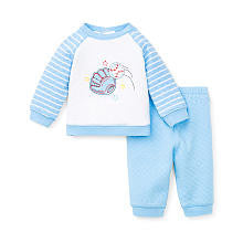 Little Me Boys 2 Piece Blue/White Quilted Long Sleeve Raglan Top with Baseball Applique and Pant Set