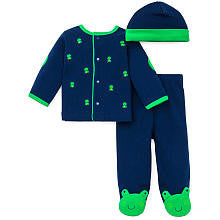 Little Me Boys 3 Piece Navy/Green Frog Take Me Home Set with Frog Schiffli Cardigan, Footed Pants, and Hat