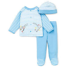 Little Me Boys 3 Piece White/Blue Baseball Take Me Home Set with Striped Cardigan, Footed Pants, and Hat