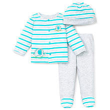 Little Me Boys 3 Piece Grey/Blue Elephant Take Me Home Set with Stripe Cardigan, Footed Pants, and Hat