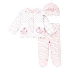 Little Me Girls 3 Piece White/Pink Bunny Take Me Home Set with Polka Dot Print Cardigan, Stripe Footed Pants, and Hat