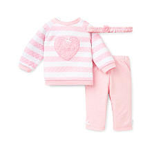 Little Me Girls 3 Piece Pink/White Stripe Quilted Long Sleeve Top with Ruffle Heart, Leggings, and Headwrap Set