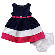 Youngland Girls 2 Piece Navy Sleeveless White/Pink Stripe Trim Dress with Diaper Cover