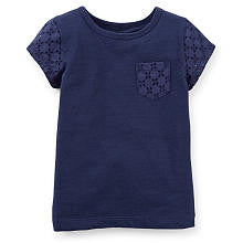 Carter's Girls Navy Short Sleeve Slub T Shirt with Lace Sleeve and Pocket Detail - Toddler