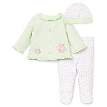 Little Me Girls 3 Piece Light Green/Pink Frog Take Me Home Set with Cardigan, Printed Footed Pants, and Hat