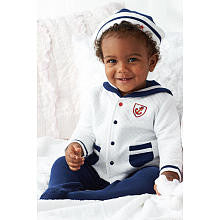 Little Me Boys 4 Piece Nautical Sailor Layette Set with Cardigan, Striped Bodysuit, Footed Pant, and Sailor Hat