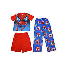 Marvel Boys 3 Piece Red/Blue Spiderman Short Sleeve Top, Shorts and Printed Pants Poly Pajama Set- Kids