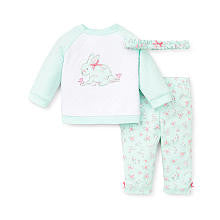 Little Me Girls 3 Piece White Quilted Long Sleeve Raglan Top with Bunny Applique, Floral Print Leggings and Headwrap Set