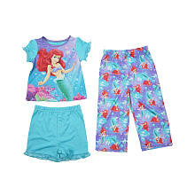 Disney Girls 3 Piece Blue Little Mermaid Short Sleeve Top, Shorts and Printed Pants Poly Pajama Set- Toddler