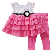 Youngland Girls 2 Piece Pink/White Polka Dot Tiered Ruffle Tunic with Flower Accent and Leggings Set