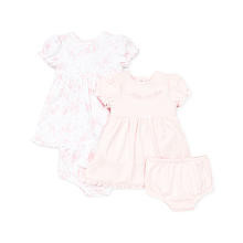 Little Me Girls 2 Pack Light Pink and Floral Print Cap Sleeve Dress Set with 2 Diaper Covers