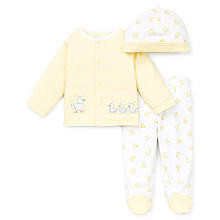 Little Me Neutral 3 Piece White/Yellow Duck Layette Set with Striped Cardigan, Duck Print Footed Pants, and Hat