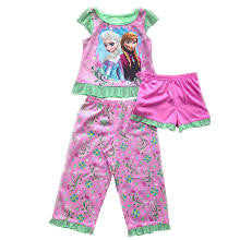 Disney Frozen Girls Pink/Green 3 Piece Anna and Elsa Short Sleeve Shirt, Shorts, and Print Pant Pajama Set- Toddler