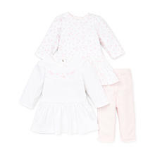 Little Me Girls 3 Piece Pink Long Sleeve Dress Set with Floral Printed Dress, Polka Dot Printed Dress, and Leggings