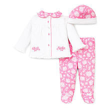 Little Me Girls 3 Piece White/Pink Floral Take Me Home Set with Cardigan, Printed Footed Pants, and Hat