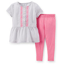 Carter's Girls 2 Piece Grey Striped Drop Waist Short Sleeve Top and Pink Legging Set - Toddler