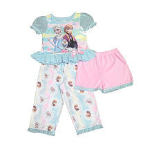 Disney Girls Blue/Pink 3 Piece Frozen Elsa, Anna, and Olaf Short Sleeve Top, Shorts and Print Pants Pajama Set- Toddler