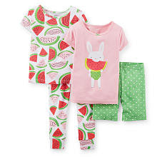 Carter's Girls 4 Piece Cotton Pajama with Pink Glitter Screen Print Short Set and Watermelon Printed Pant Set - Toddler