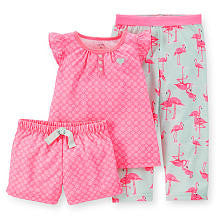 Carter's Girls 3 Piece Poly Pajama Set with Pink Printed Top, Matching Short and Flamingo Printed Pant - Toddler