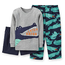 Carter's Boys Alligator 3 Piece Pajama Set with Grey Long Sleeve Top, Navy Printed Pant and Navy Short