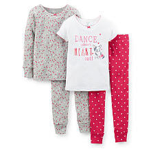 Carter's Girls 4 Piece Cotton Pajama with White "Dance Your Heart Out" and Heart Printed Tops with Matching Pant Sets