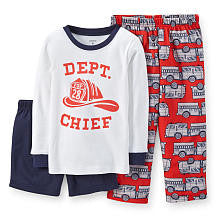 Carter's Boys "Dept Chief" Fire Truck 3 Piece Pajama Set with White Long Sleeve Top, Red Printed Pant and Navy Short