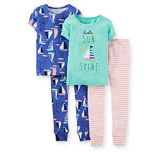 Carter's Girls 4 Piece Cotton Pajama with "Hello Sun Shine" and Sail Boat Printed Tops with Matching Pant Sets - Toddler