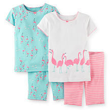 Carter's Girls 4 Piece Cotton Pajama with White Glitter Screen Print and Flamingo Printed Tops with Matching Short Sets