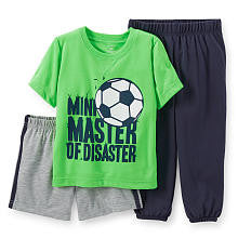 Carter's Boys "Mini Master of Disaster" Soccer 3 Piece Pajama Set with Green Top, Navy Pant and Grey Short - Toddler