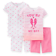 Carter's Girls 4 Piece Cotton Pajama with Coral "You're My BFF" and Polka Dot Printed Tops with Matching Short Sets