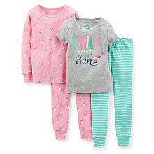 Carter's Girls 4 Piece Cotton Pajama with "Smile Bright Like the Sun" and Bird Printed Tops with Matching Pants -Toddler